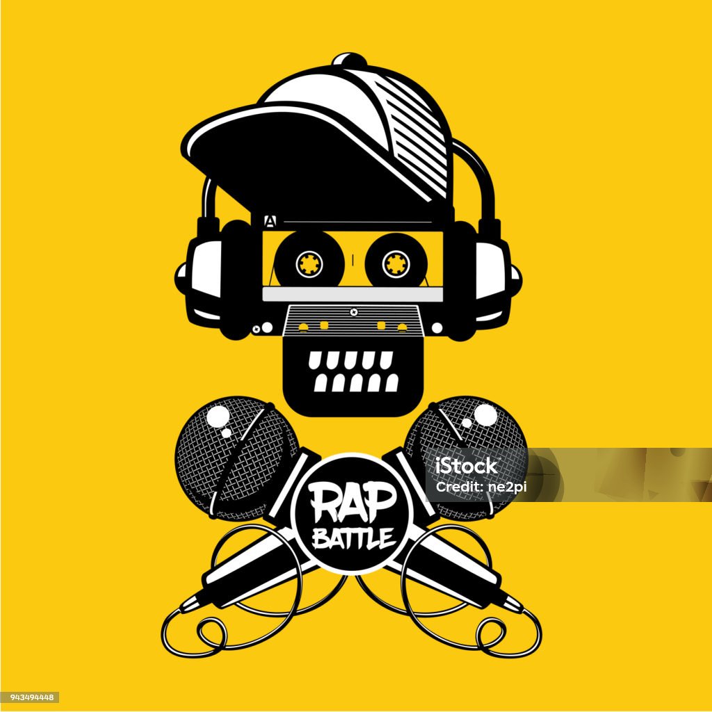 Rap battle sign with skull and two microphones. Retro style illustration. Hip-hop party. Hip-hop party. Rap battle sign with skull and two microphones. Retro style illustration. Rap stock vector