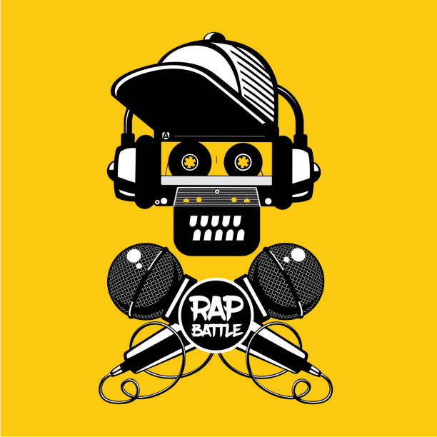 Rap battle sign with skull and two microphones. Retro style illustration. Hip-hop party. Hip-hop party. Rap battle sign with skull and two microphones. Retro style illustration. black and white headphones stock illustrations