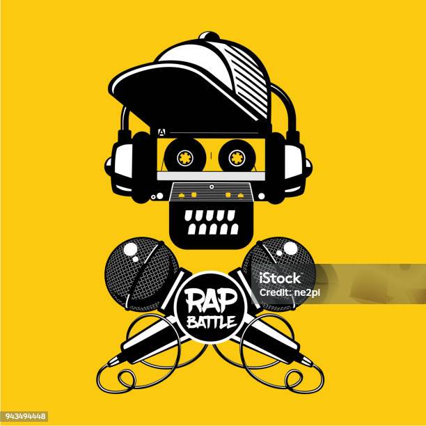 Rap Battle Sign With Skull And Two Microphones Retro Style Illustration Hiphop Party Stock Illustration - Download Image Now