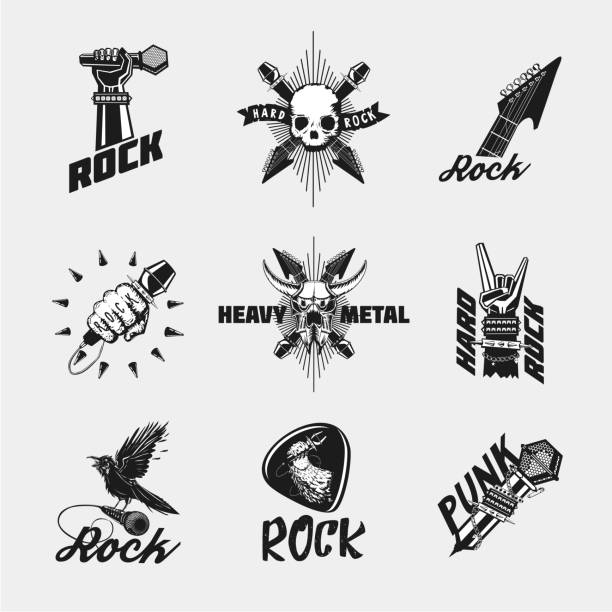 illustrazioni stock, clip art, cartoni animati e icone di tendenza di set di icone della musica rock. collezione di emblemi neri vintage isolati su bianco. - rock and roll