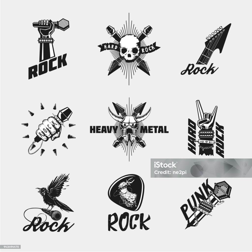 Rock music icon set. Vintage black emblem collection isolated on white. Rock music icon set. Vintage black emblem collection isolated on white. Punk and heavy metal symbol pack. Early Rock & Roll stock vector