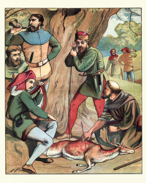 Robin Hood and his Merry Men hunting in Sherwood Forest Vintage engraving of Robin Hood and his Merry Men hunting in Sherwood Forest sherwood forest illustrations stock illustrations