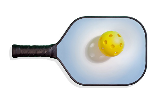 Colored Pickleball paddle with black handle and border and yellow ball with spotlight shadow.