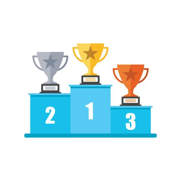 ilustrações de stock, clip art, desenhos animados e ícones de winners podium with trophy icon in flat style. pedestal illustration on white isolated background. gold, silver and bronze award sign concept. - silver medal 2nd medal second place