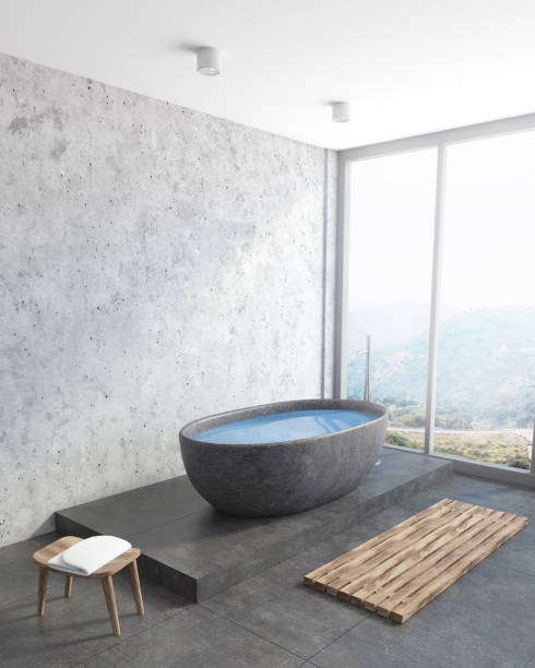 istock Modern bathroom corner, dark gray tub 943510660