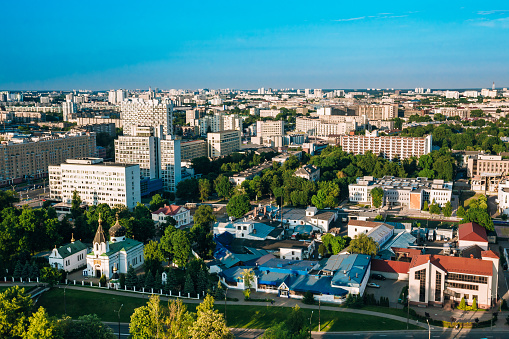 Minsk, Belarus. Aerial View, Cityscape. Summer Season, Sunset Time