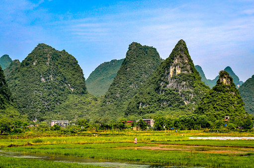 Farmland and Karst peaks in Guilin China. Photo taken in 2016.