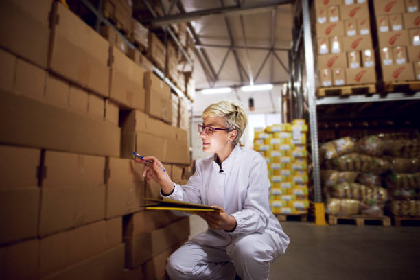 istock Young pleased cheerful female worker in facility storage area is checking boxes in storage area while kneeling and holding a yellow folder. 943535684