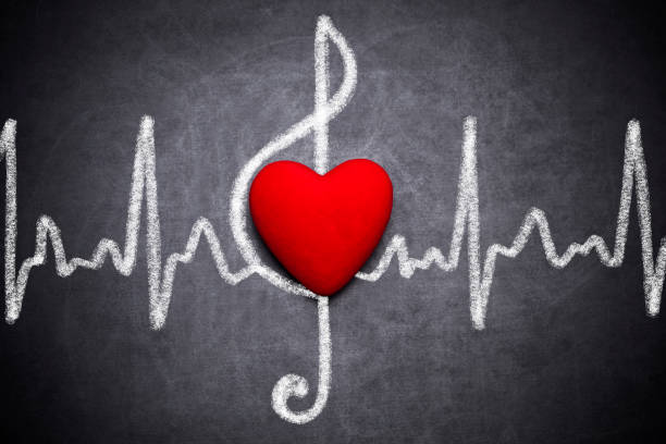 Shiny heart treble clef, and Cardiogram line, drawing on blackboard