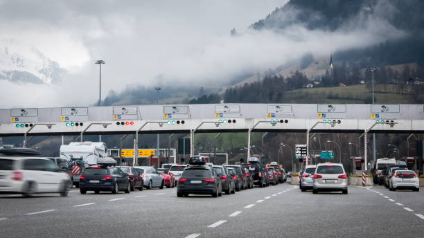 Traffic jam on toll gates, people traveling for holidays stock photo
