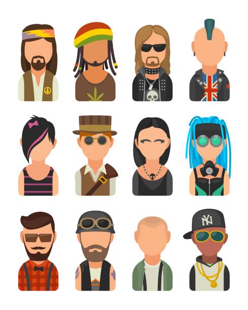 ilustrações, clipart, desenhos animados e ícones de definir as pessoas de diferentes subculturas do ícone. hipster raper, emo, rastafari, punk, motociclista, goth, hippie, metaleiro, steampunk, skinhead, cybergoth. - punk hair