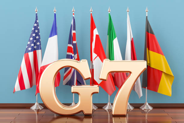 Flags of all members G7, meeting concept. 3D rendering