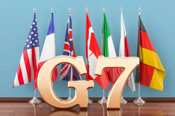 Photo of Flags of all members G7, meeting concept. 3D rendering