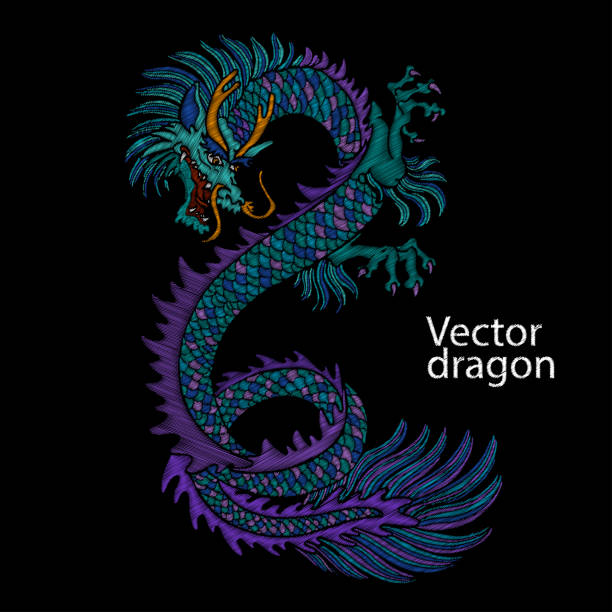 Embroidery of Chinese dragon. Classical embroidery asian blue dragon. Japanese dragon. Vector art with dragons for t-shirt designs. Clothes, textile design template, tattoo sketch Embroidery of Chinese dragon. Classical embroidery asian blue dragon. Art of dragons for t-shirt design. Clothes, textile design template. chinese tapestry stock illustrations