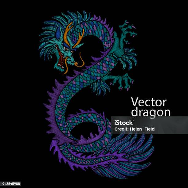 Embroidery Of Chinese Dragon Classical Embroidery Asian Blue Dragon Japanese Dragon Vector Art With Dragons For Tshirt Designs Clothes Textile Design Template Tattoo Sketch Stock Illustration - Download Image Now