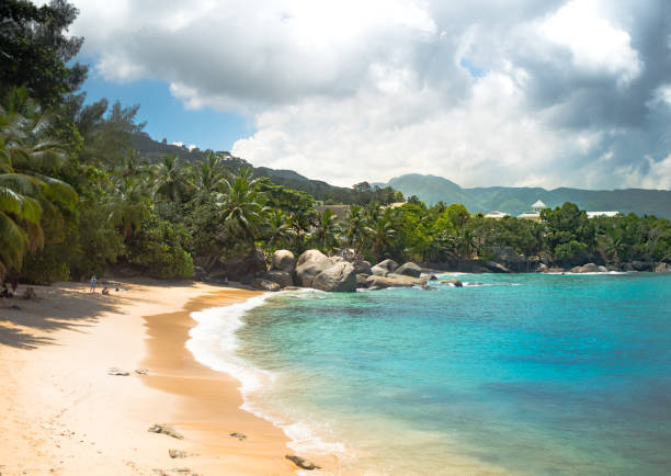 istock Seychelles Beach with clouds and clear water 943554586