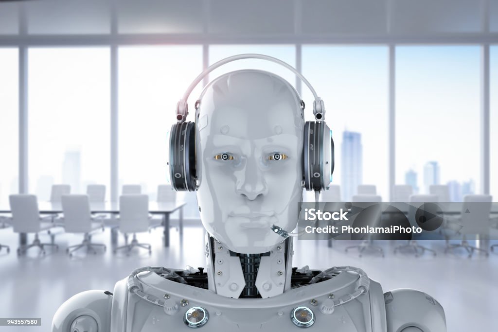 robot wear headset 3d rendering humanoid robot with headset on white background Robot Stock Photo