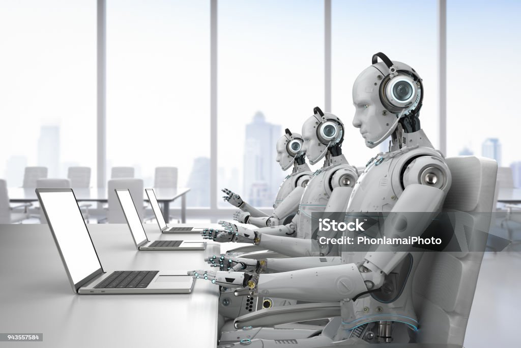 robot call center 3d rendering humanoid robot working with headset and notebook Robot Stock Photo
