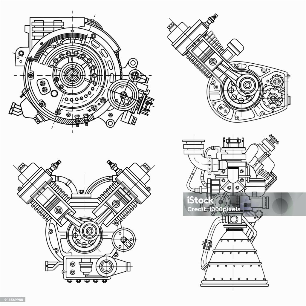 Set of drawings of engines - motor vehicle internal combustion engine, motorcycle, electric motor and a rocket. It can be used to illustrate ideas of science, engineering design and high-tech A set of drawings of engines - motor vehicle internal combustion engine, motorcycle, electric motor and a rocket. It can be used to illustrate ideas of science, engineering design and high-tech Engine stock vector
