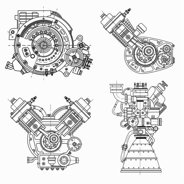 Set of drawings of engines - motor vehicle internal combustion engine, motorcycle, electric motor and a rocket. It can be used to illustrate ideas of science, engineering design and high-tech A set of drawings of engines - motor vehicle internal combustion engine, motorcycle, electric motor and a rocket. It can be used to illustrate ideas of science, engineering design and high-tech blueprint illustrations stock illustrations