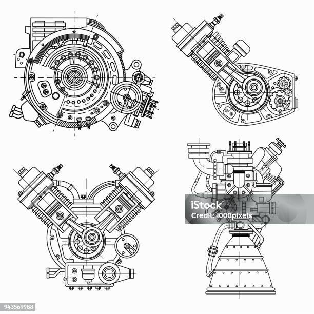 Set Of Drawings Of Engines Motor Vehicle Internal Combustion Engine Motorcycle Electric Motor And A Rocket It Can Be Used To Illustrate Ideas Of Science Engineering Design And Hightech Stock Illustration - Download Image Now