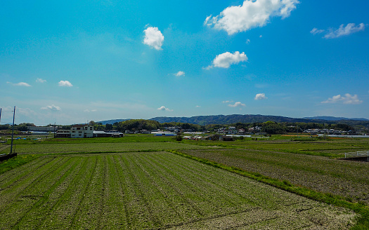 Japanese countryside with distant mountains in Nara, Japan