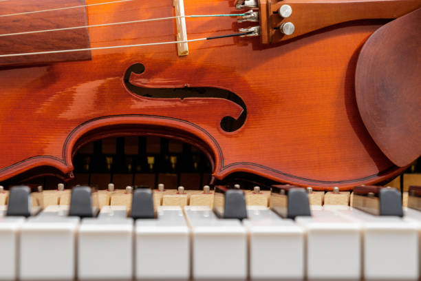 istock classical violin on white and black piano keys close-up background 943576388