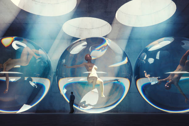 istock Lonely man walking in futuristic urban cyborg beehive 943576478