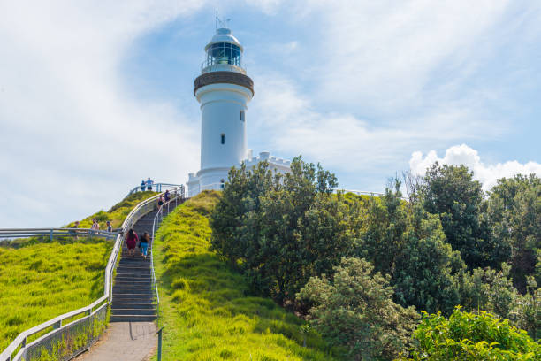 Byron Bay, NSW, Australia- January 3, 2018: Ocean view over Cape Byron lighthouse, the Most Easterly Point on the Australian Mainland in Byron Bay, Australia. Unidentified tourists in the background.
