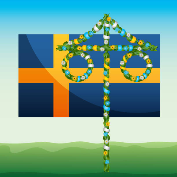 midsummer swedish celebration midsummer swedish flag of sweden celebration maypole vector illustration swedish summer stock illustrations