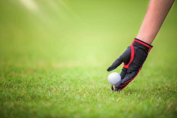 Golfer hand holding ball with putter against green background. Concept of focus, accuracy, precision, lifestyle and outdoor training in sports.
