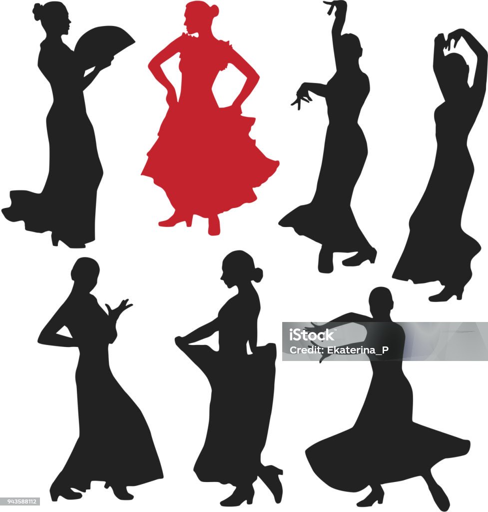 set of women in dress stay in dancing pose. flamenco dancer Spanish regions of Andalusia, Extremadura and Murcia. black silhouette white background brush sketch. Vector set of women in dress stay in dancing pose. flamenco dancer Spanish regions of Andalusia, Extremadura and Murcia. black silhouette white background brush sketch. Vector illustration Adult stock vector