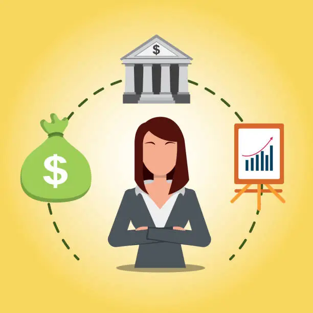Vector illustration of business woman with bank bag money and presentation statistic finance