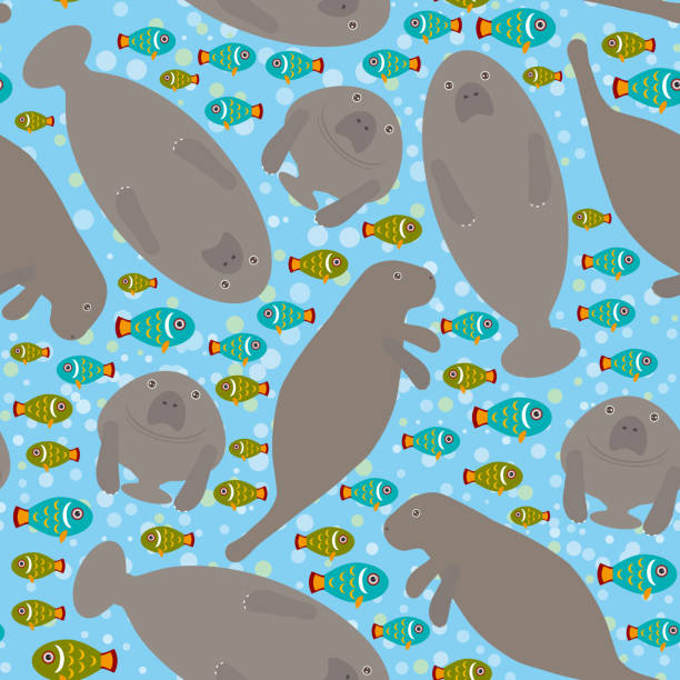 Seamless pattern Cute cartoon manatee and fish on blue background. Vector Seamless pattern Cute cartoon manatee and fish on blue background. Vector illustration manatus stock illustrations
