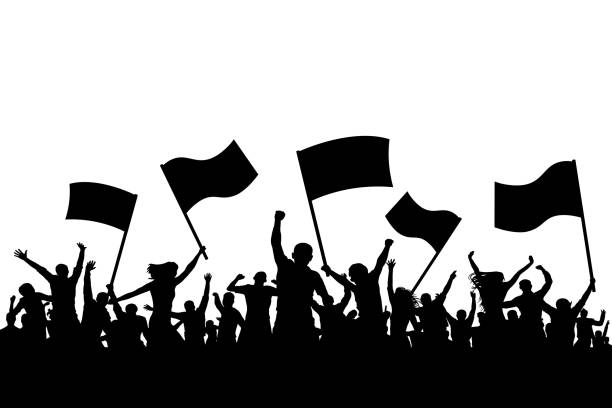 istock Cheerful crowd people silhouette. Crowd applauding. Demonstration, protest. Sports fans with flags. Fans dance concert, disco 943603150