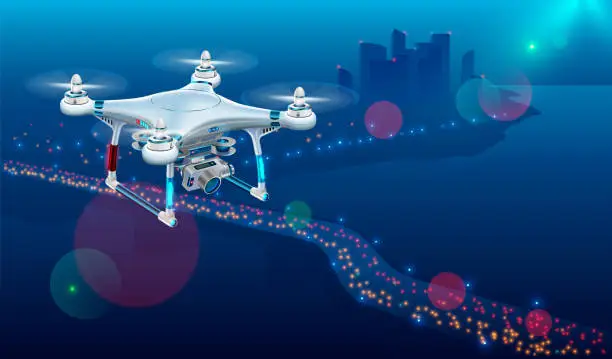 Vector illustration of Drone with video camera In The Air Over City Roadway. Unmanned Aircraft System or UAV monitoring street traffic or photography urban landscape in the Night .