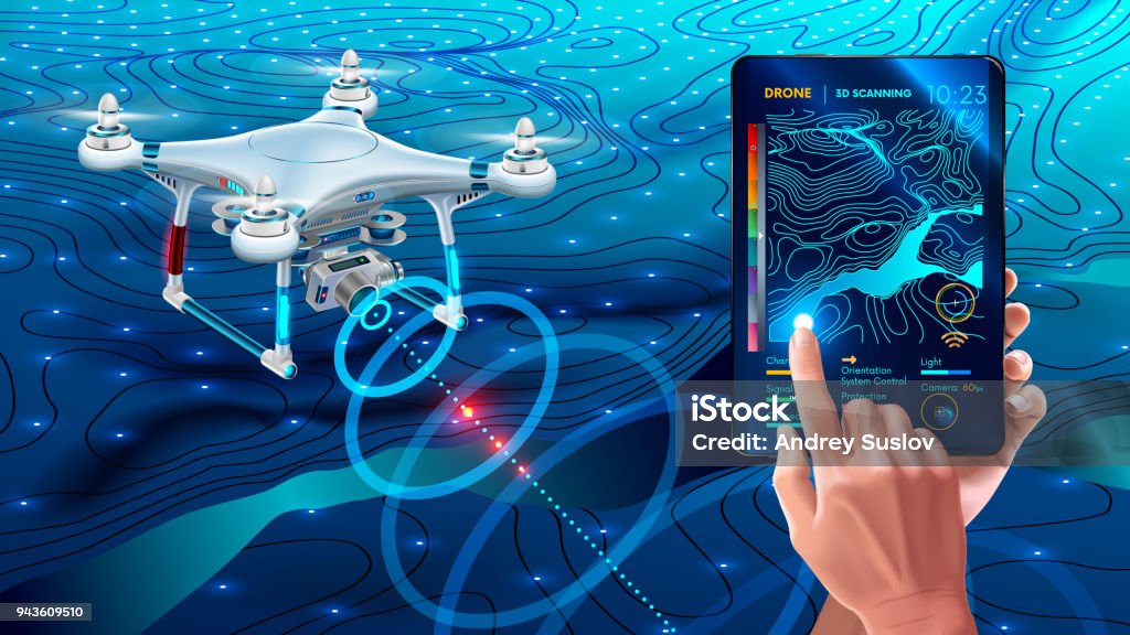 Drone or quadcopter with camera 3d scanning land. Drone fly over landscape and make geological mapping of the field. Landforms display on digital tablet in hands. Modern agricultural technology Drone stock vector