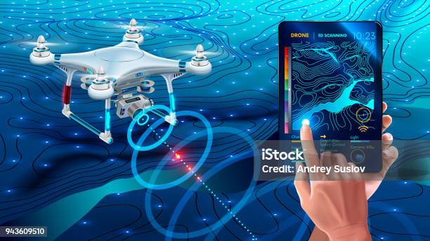 Drone Or Quadcopter With Camera 3d Scanning Land Drone Fly Over Landscape And Make Geological Mapping Of The Field Landforms Display On Digital Tablet In Hands Modern Agricultural Technology Stock Illustration - Download Image Now