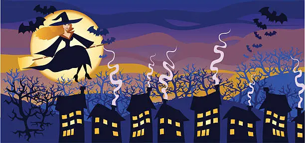 Vector illustration of Witch Flying over a Neighborhood