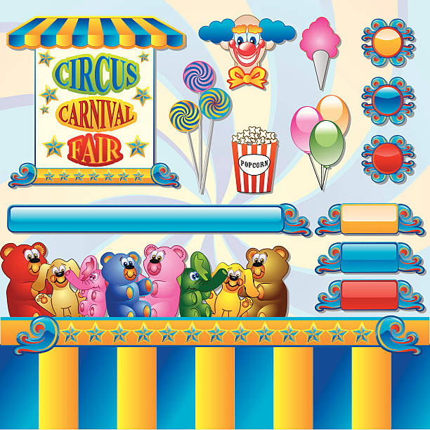 illustrazioni stock, clip art, cartoni animati e icone di tendenza di carnevale, circo e/o condizioni di elementi - school carnival food cotton candy