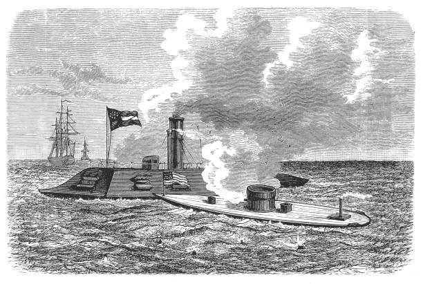 потрясающий бой между монитором 2 пушки и merrimac 10 орудий первый бой между железными одетыми кораблями войны, в хэмптон-роудс, 9 марта 1862 года, � - 1862 stock illustrations