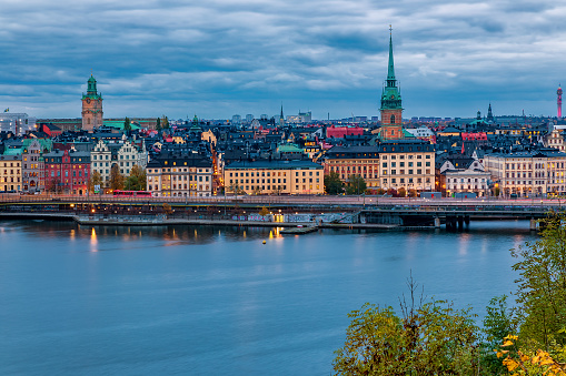 Sunset view onto Stockholm old town Gamla Stan and German church in Sweden
