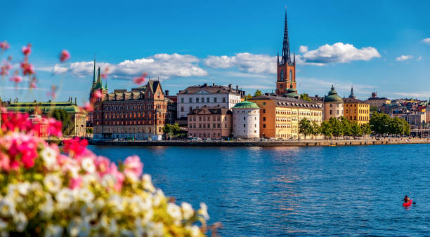 panoramablick auf die altstadt gamla stan und riddarholmen kirche in schweden stockholm - stadsholmen stock-fotos und bilder