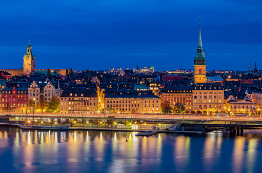 Sunset view onto Stockholm old town Gamla Stan, Storkyrkan and German church in Sweden
