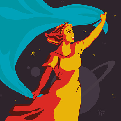 A girl standing with a large blue developing flag. Vector illustration.