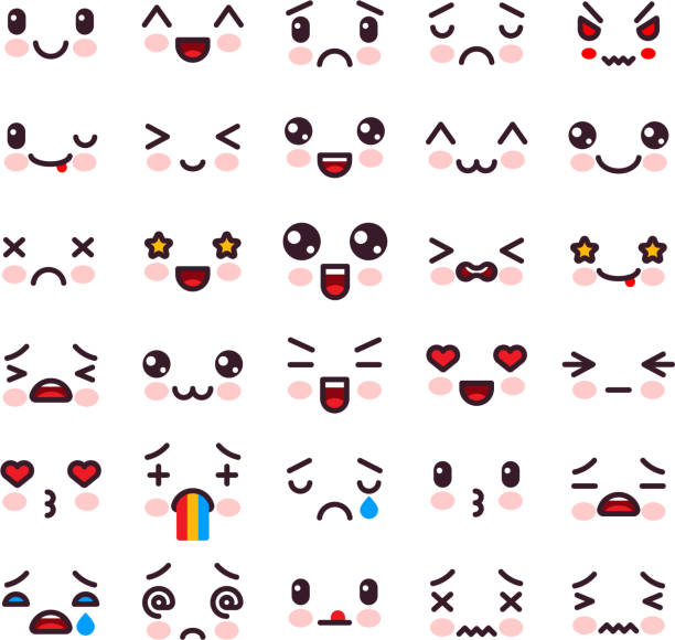kawaii vektor emoticon comicfigur mit verschiedenen emotionen und stehen ausdruck abbildung emotionale japanische emoji mit unterschiedlichen emotionalen gefühlen isoliert auf weißem hintergrund - kawaii stock-grafiken, -clipart, -cartoons und -symbole