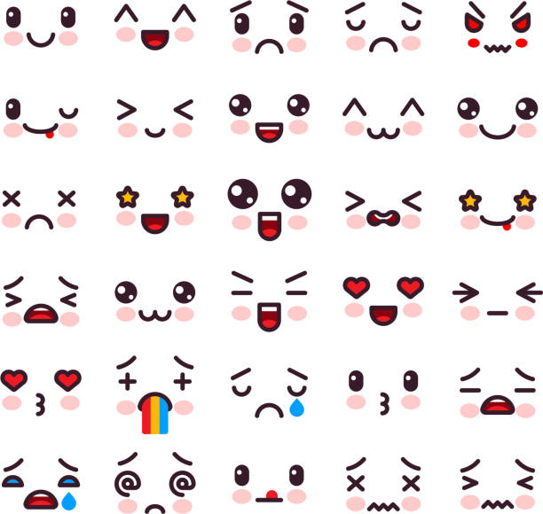 illustrazioni stock, clip art, cartoni animati e icone di tendenza di kawaii vector cartoon emoticon character con emozioni diverse e face expression illustrazione set emotivo di emoji giapponesi con diversi sentimenti emotivi isolati su sfondo bianco - animal head