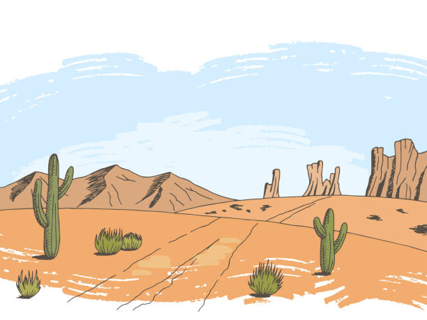 ilustrações, clipart, desenhos animados e ícones de gráfico de cor de estrada pradaria deserto americano sketch vetor de ilustração de paisagem - rock stone cliff cartoon