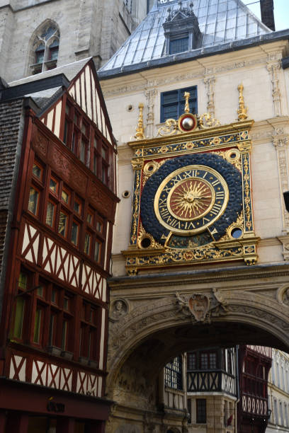 Gros-Horloge, Rouen A picture of the astronomic clock located in the "rue du Gros Horloge" (litterally, Big Clock Street) in the medieval city center of Rouen, Normandy. rue du gros horloge photos stock pictures, royalty-free photos & images