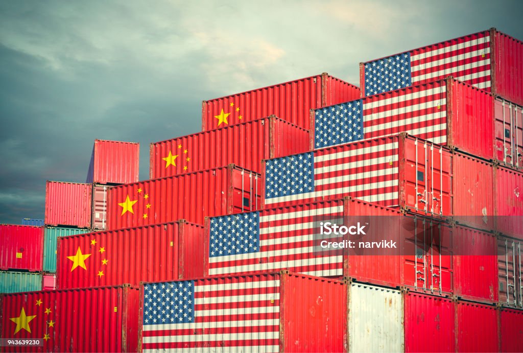 Cargo containers with Chinese and United States flag Chinese and United Stases cargo containers reflecting trade war and restrictions in export and import China - East Asia Stock Photo